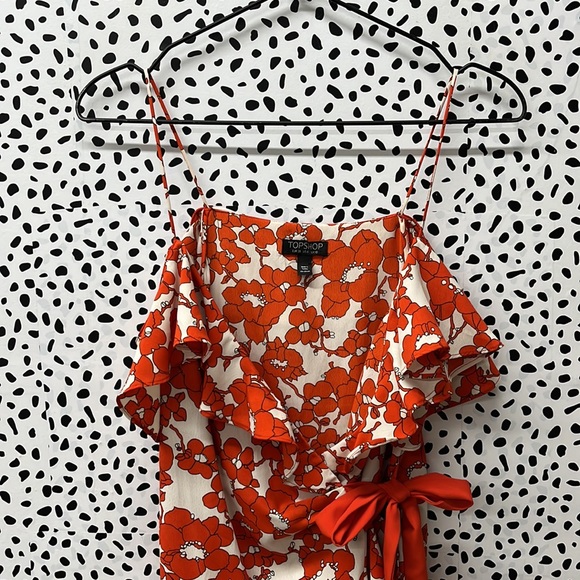 TopShop Orange & White Floral Cold Shoulder Wrap Dress - Picture 4 of 8